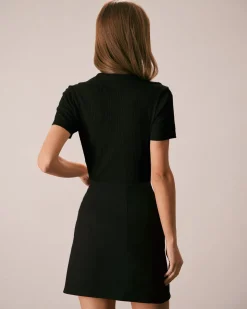 Black V Neck Button Pointelle Knit Tee