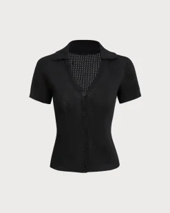 Black V Neck Button Pointelle Knit Tee