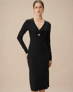 Black V Neck Cut Out Bodycon Sweater Dress