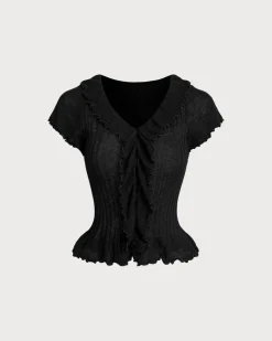 Black V Neck Ruffle Cardigan