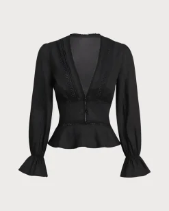 Black V-Neck Ruffle Blouse