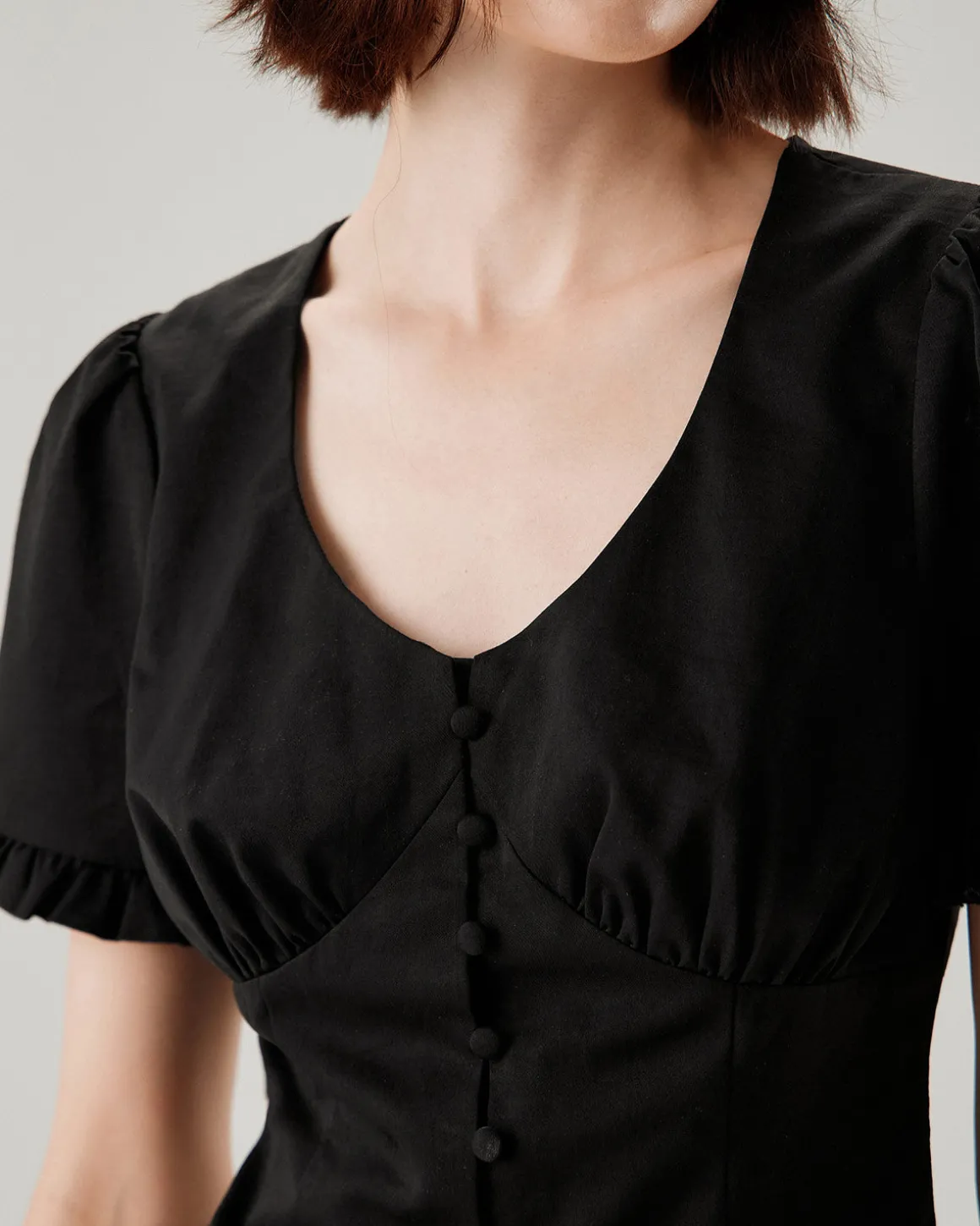 Black V-Neck Ruffle Puffed Sleeve Blouse