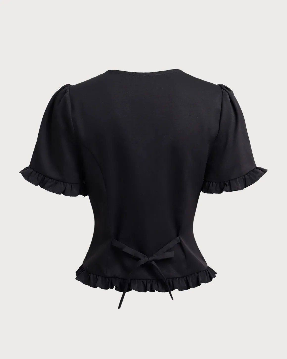 Black V-Neck Ruffle Puffed Sleeve Blouse