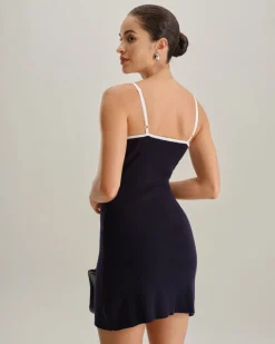 Blue Backless Sleeveless Pocket Knitted Mini Dress