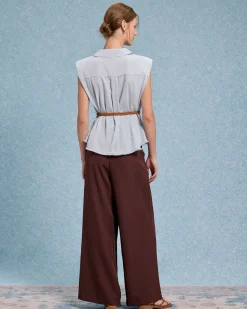 Blue Belted Sleeveless Blouse