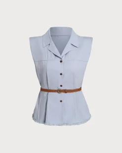 Blue Belted Sleeveless Blouse