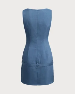 Blue Boat Neck Belted Mini Dress
