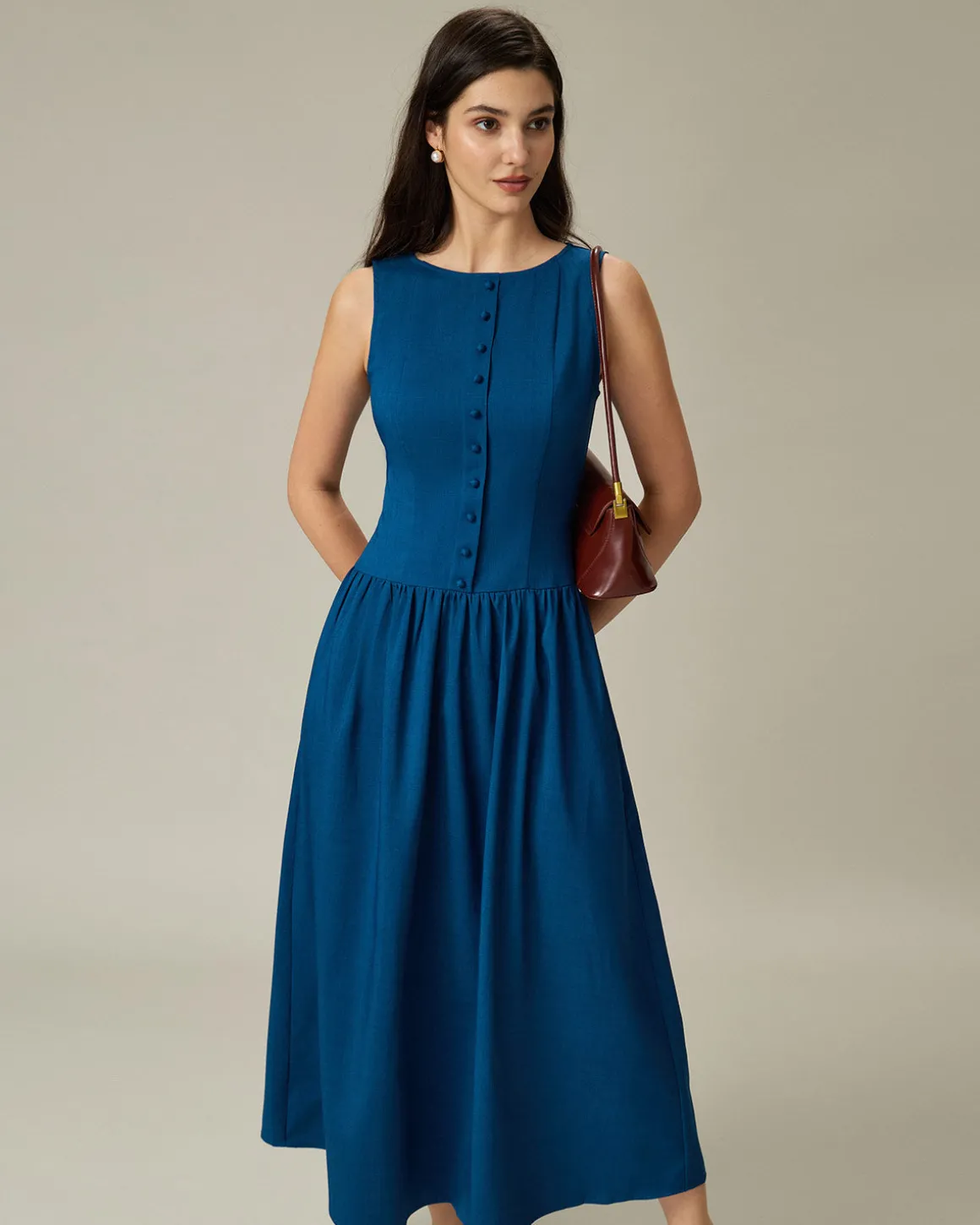 Blue Boat Neck Button Pocket Midi Dress