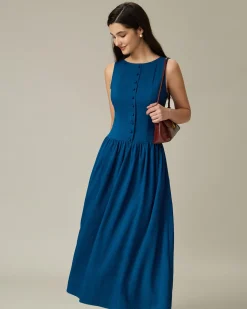 Blue Boat Neck Button Pocket Midi Dress