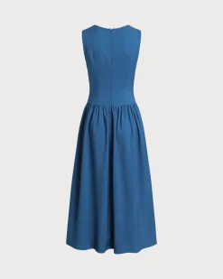 Blue Boat Neck Button Pocket Midi Dress