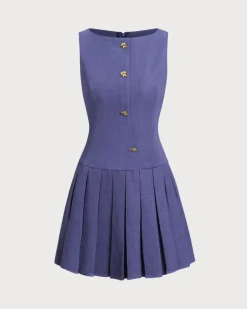 Blue Boat Neck Button Sleeveless Mini Dress
