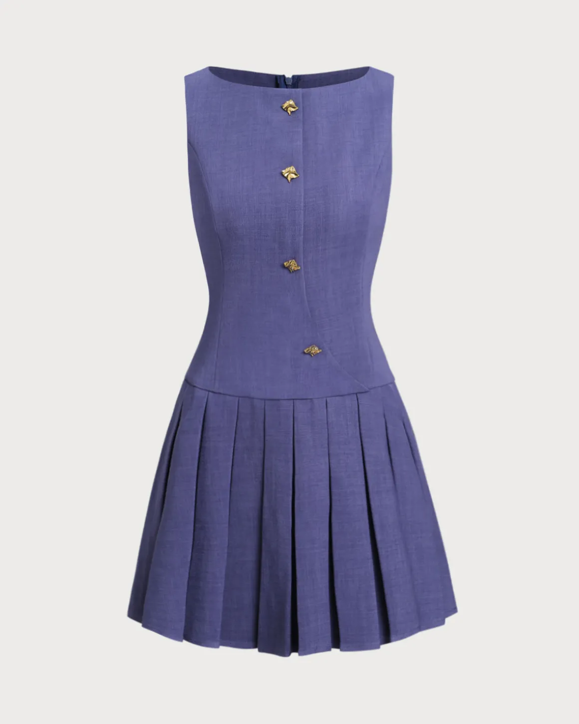 Blue Boat Neck Button Sleeveless Mini Dress
