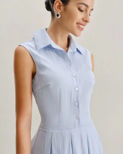 Blue Button A-Line Sleeveless Mini Dress