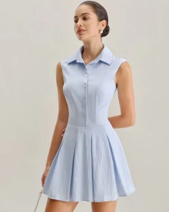 Blue Button A-Line Sleeveless Mini Dress