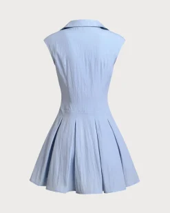 Blue Button A-Line Sleeveless Mini Dress