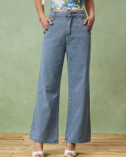 Blue Button Flared Jeans