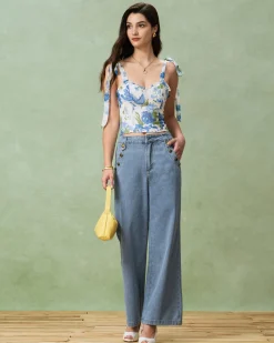 Blue Button Flared Jeans