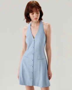 Blue Button Pocket Halter Mini Dress