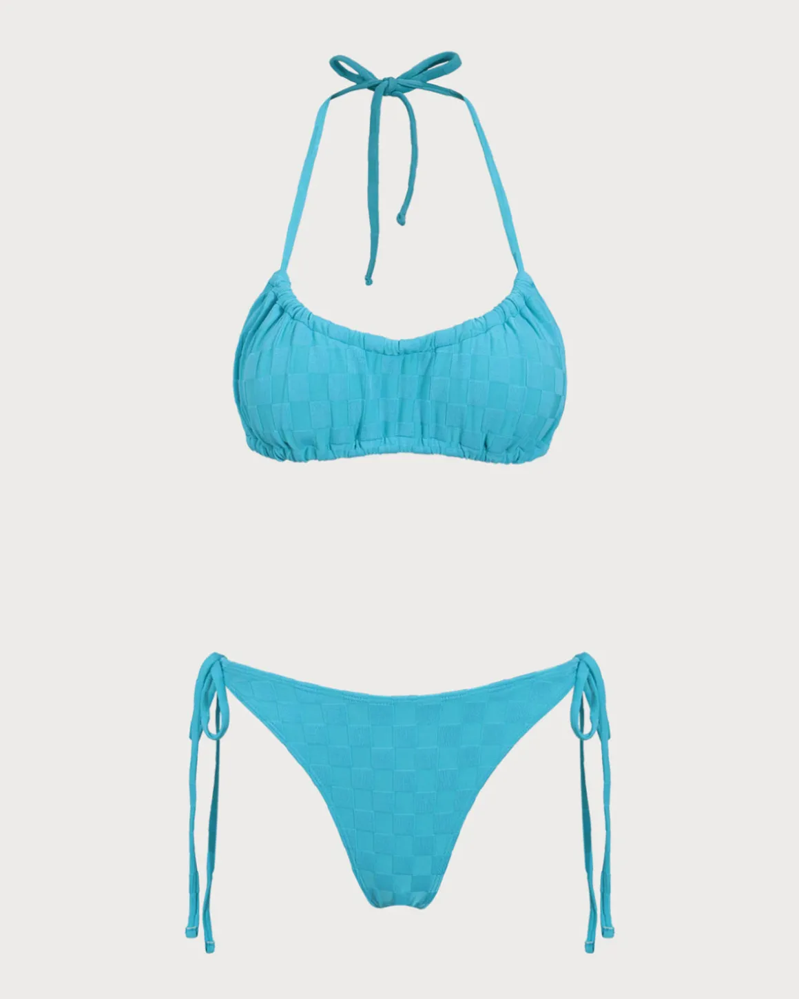 Blue Checkered Ruched Bikini Set