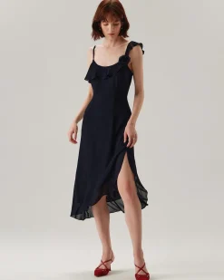 Blue Chiffon Ruffle Slip Midi Dress