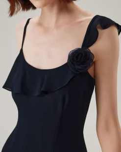 Blue Chiffon Ruffle Slip Midi Dress