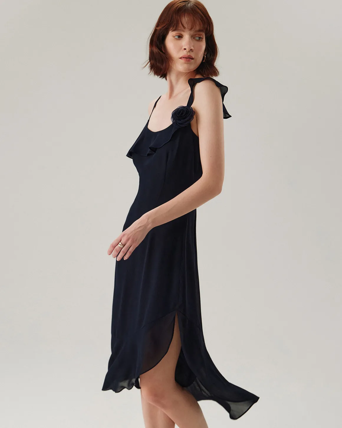 Blue Chiffon Ruffle Slip Midi Dress