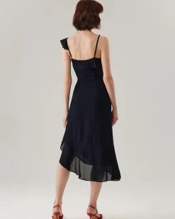 Blue Chiffon Ruffle Slip Midi Dress