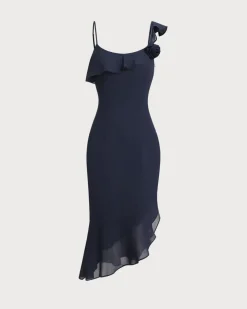 Blue Chiffon Ruffle Slip Midi Dress