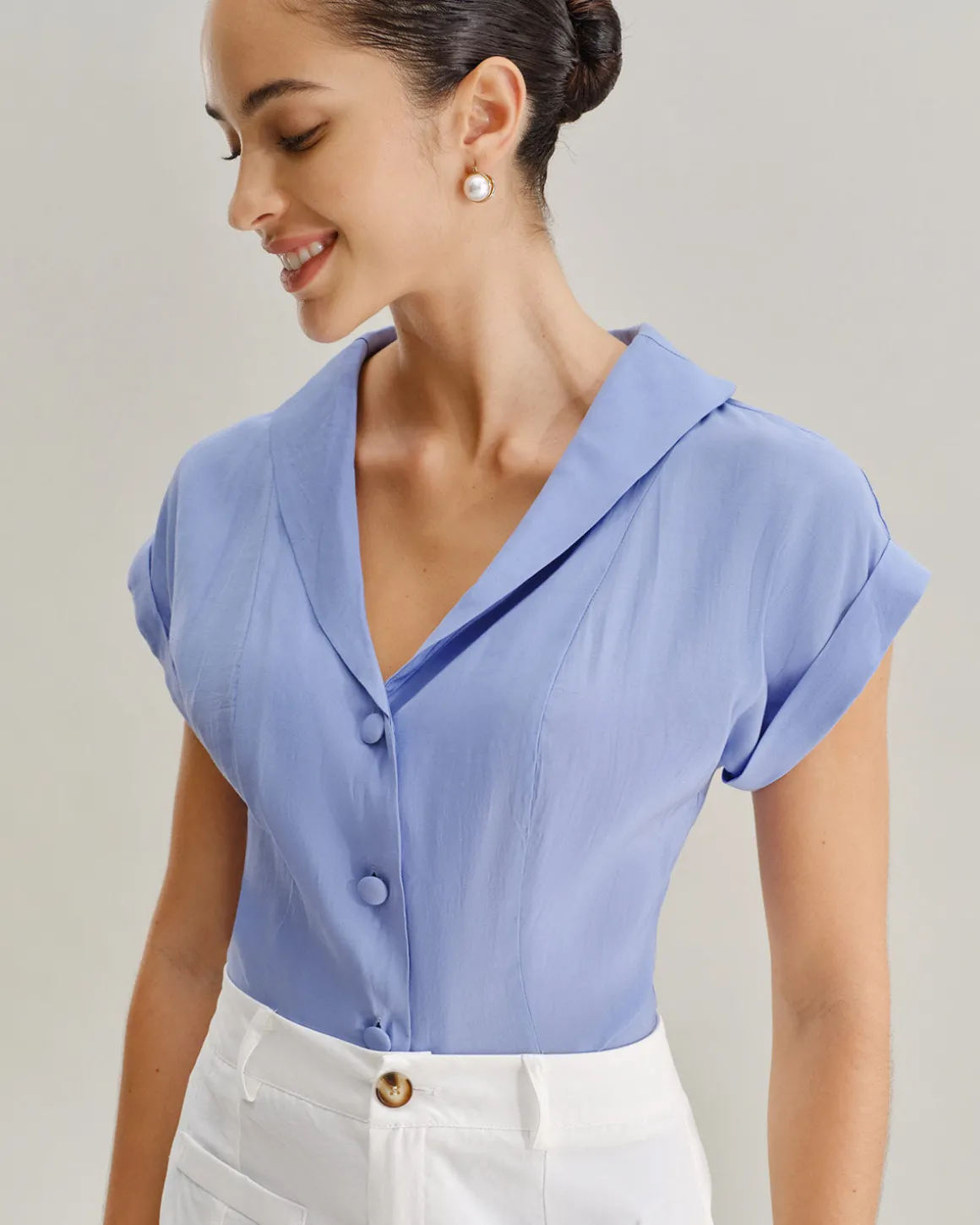 Blue Cowl Sleeve Button Shirt