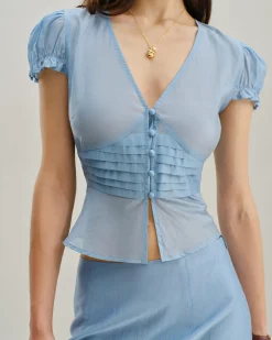 Blue Deep V Neck Short Sleeve Blouse