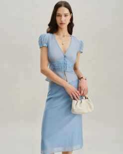 Blue Deep V Neck Short Sleeve Blouse