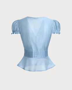Blue Deep V Neck Short Sleeve Blouse
