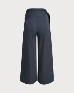 Blue Elastic Waist Casual Wide Leg Pants