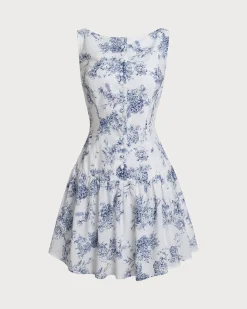 Blue Floral Boat Neck Sleeveless Mini Dress