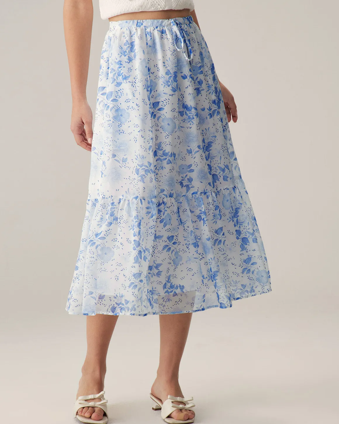 Blue Floral Flared Midi Skirt
