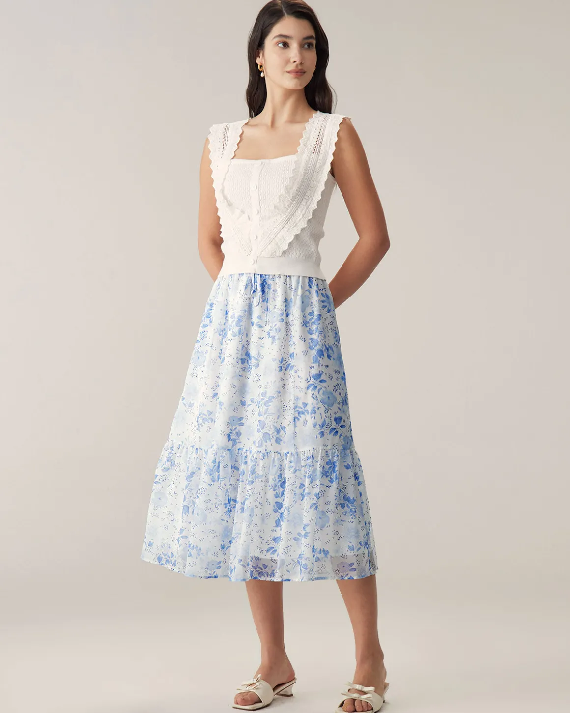 Blue Floral Flared Midi Skirt