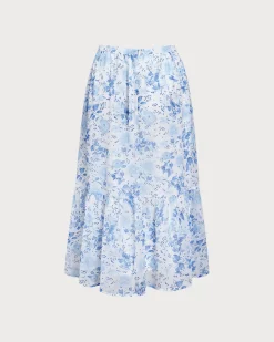 Blue Floral Flared Midi Skirt
