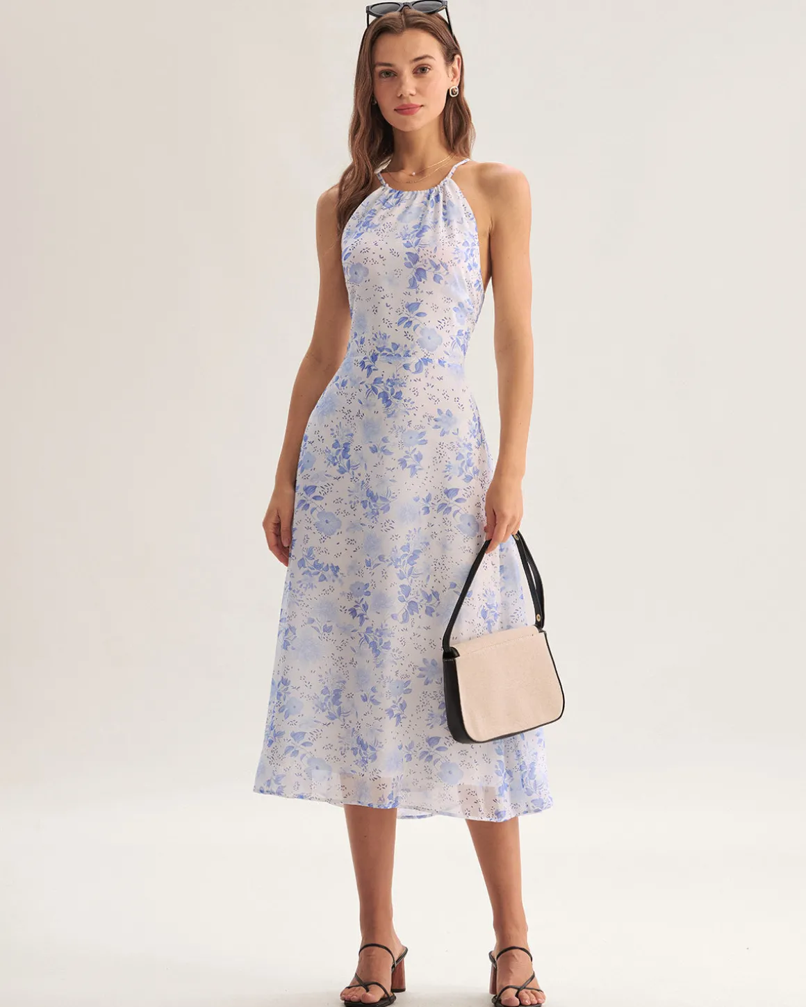 Blue Floral Halter Midi Dress