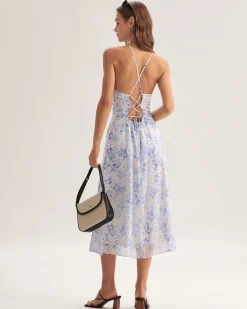 Blue Floral Halter Midi Dress