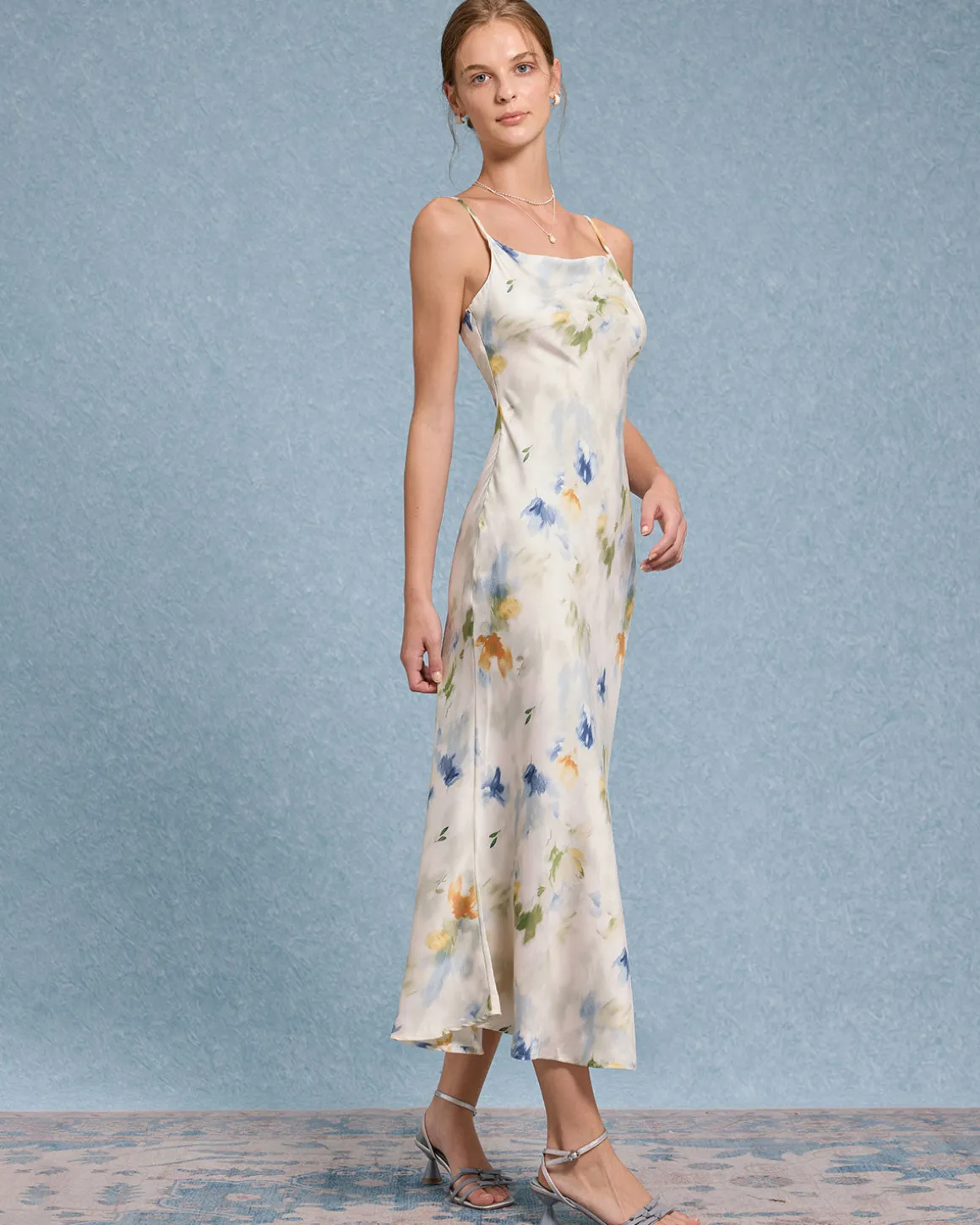 Blue Floral Mermaid Slip Midi Dress