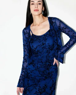 Blue Floral Mesh Slip Midi Dress