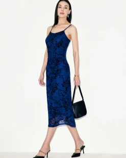 Blue Floral Mesh Slip Midi Dress