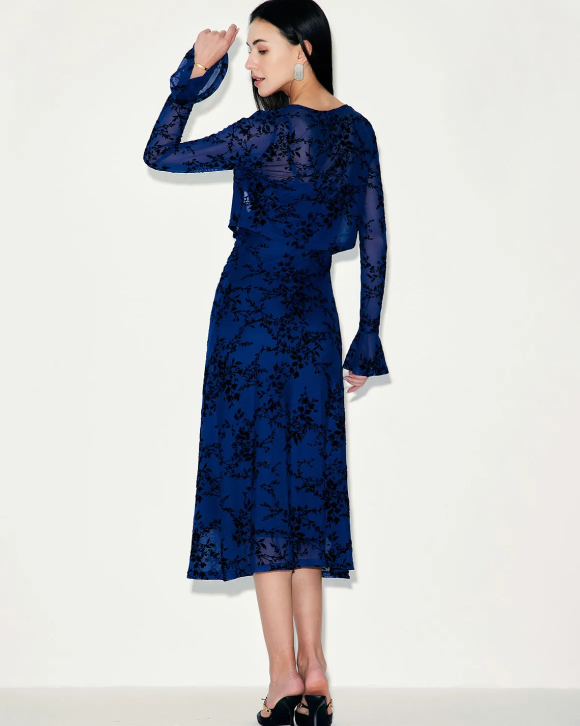 Blue Floral Mesh Slip Midi Dress