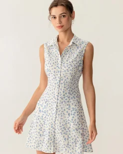 Blue Floral Pocket Sleeveless Mini Dress