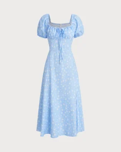 Blue Floral Puffed Sleeve Midi Dress