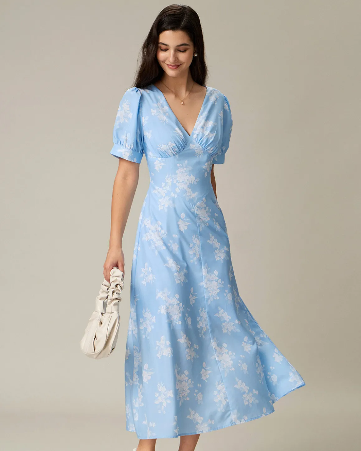 Blue Floral Puffed Sleeve Ruched Midi Dress