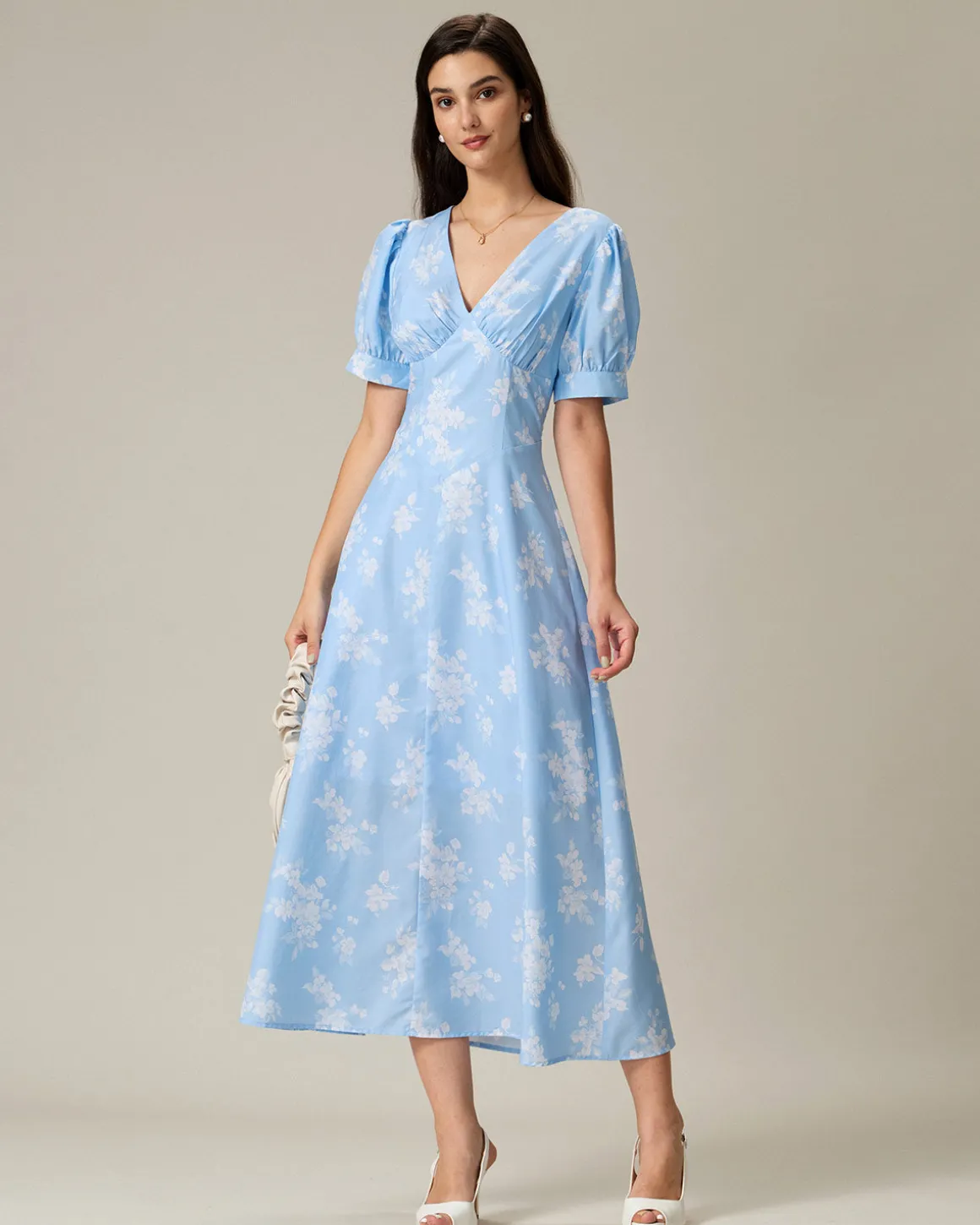 Blue Floral Puffed Sleeve Ruched Midi Dress