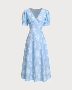 Blue Floral Puffed Sleeve Ruched Midi Dress