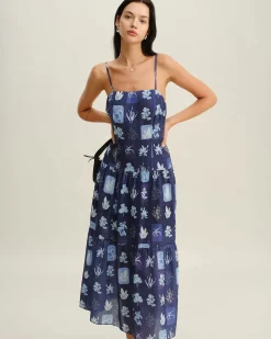 Blue Floral Ruched Bohemian Slip Maxi Dress
