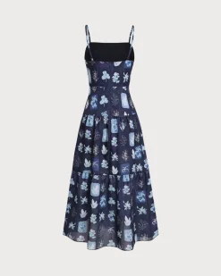 Blue Floral Ruched Bohemian Slip Maxi Dress